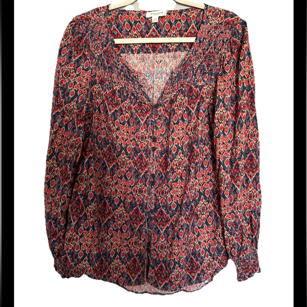 BeachLunchLounge Red Blue Smocked Long Sleeve Front Button Down Blouse Large